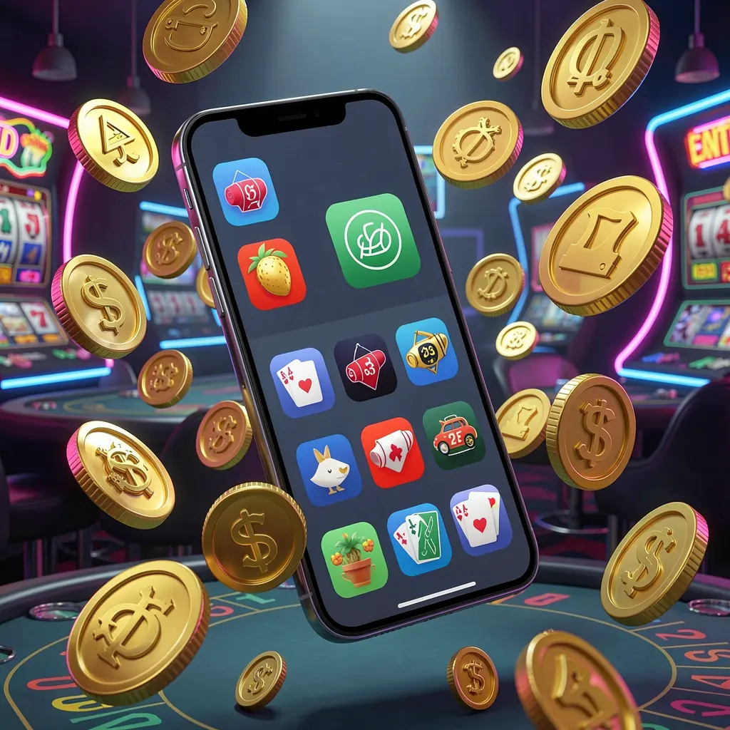 Realistic 3D render of a modern phone displaying the 8DADA Android casino app with app icons, surrounded by golden coins and slot symbols floating in a neon casino atmosphere