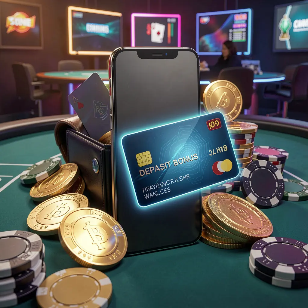 8DADA deposit bonus concept featuring a smartphone wallet with a glowing payment card surrounded by golden coins and poker chips in a modern mobile casino style