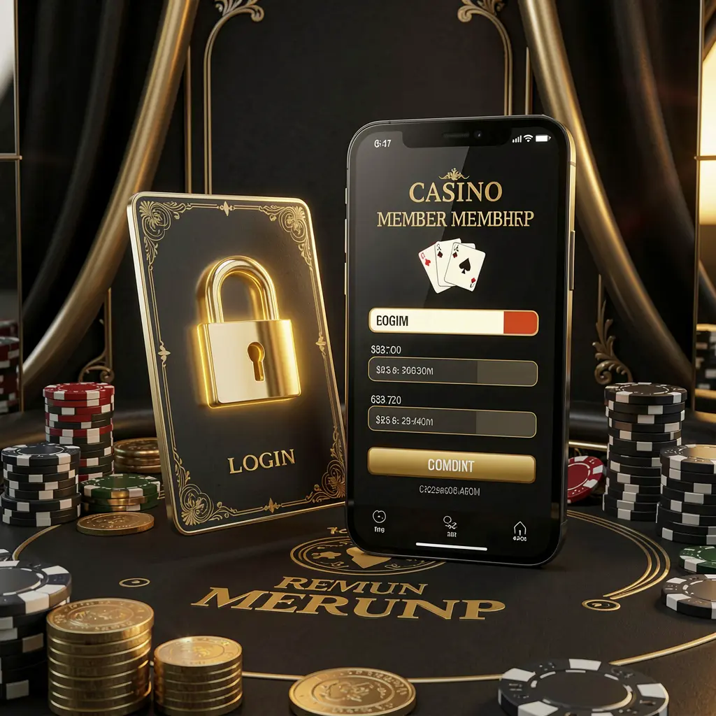8DADA casino member login concept featuring a premium membership card beside a smartphone with a glowing lock symbol, surrounded by poker chips and coins on a black and gold luxury background in a realistic 3D illustration