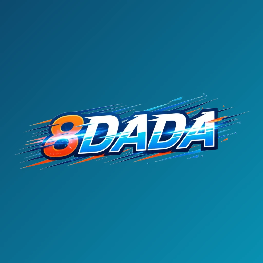 8DADA powerful sports logo with bold italic lettering in bright orange, blue, and white colors featuring speed lines and energetic motion effects on a transparent background, designed as a horizontal rectangular wordmark for a website header