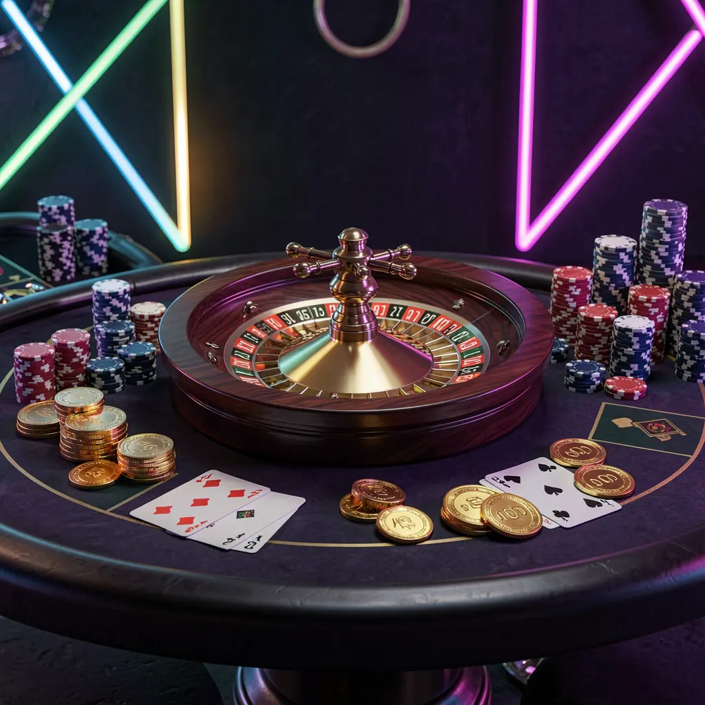 Luxury casino table with roulette wheel, poker chips, playing cards, and golden coins on a dark premium background with neon glow, showcasing 8DADA's online casino homepage hero banner in a cinematic 3D render